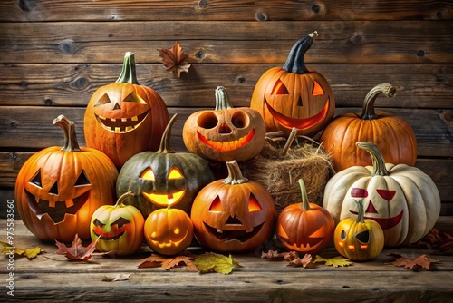 A creative arrangement of carved and painted pumpkins showcasing a variety of spooky and playful Halloween faces, from photo