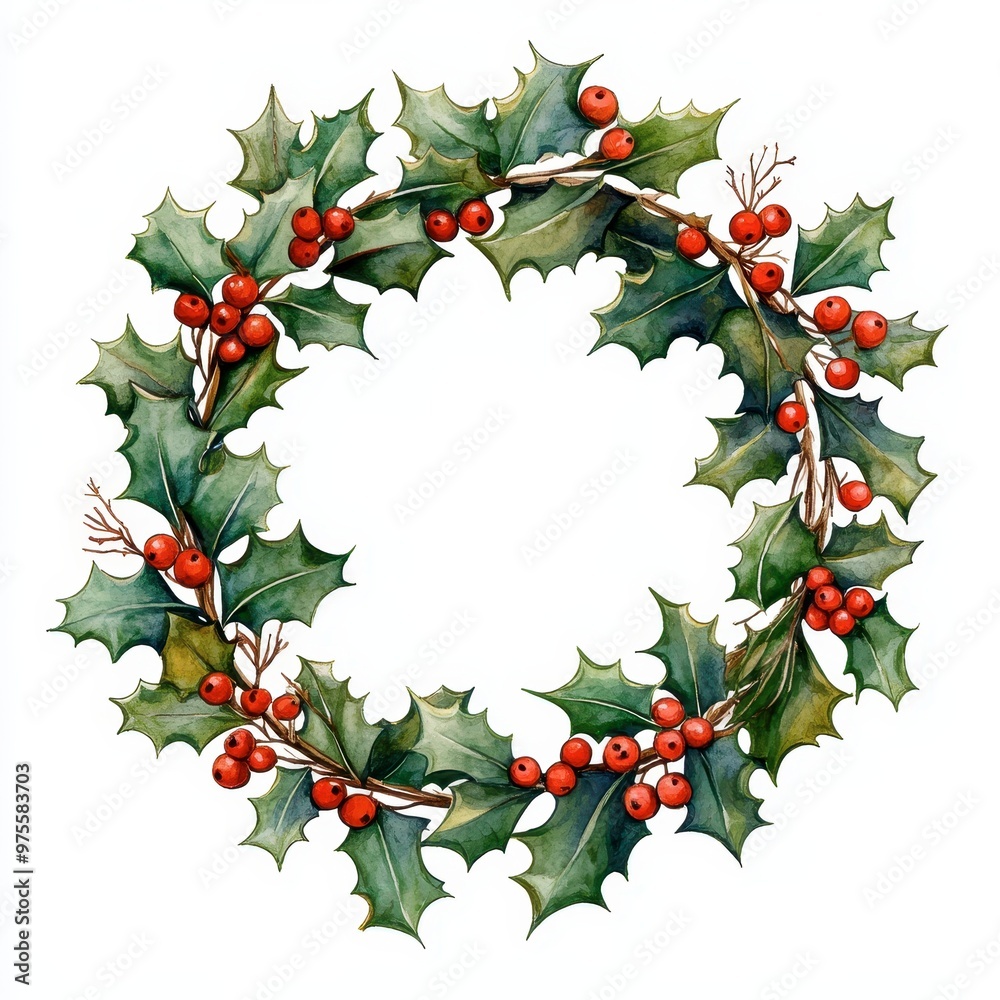 A festive holly wreath adorned with red berries, symbolizing holiday cheer and winter decoration.