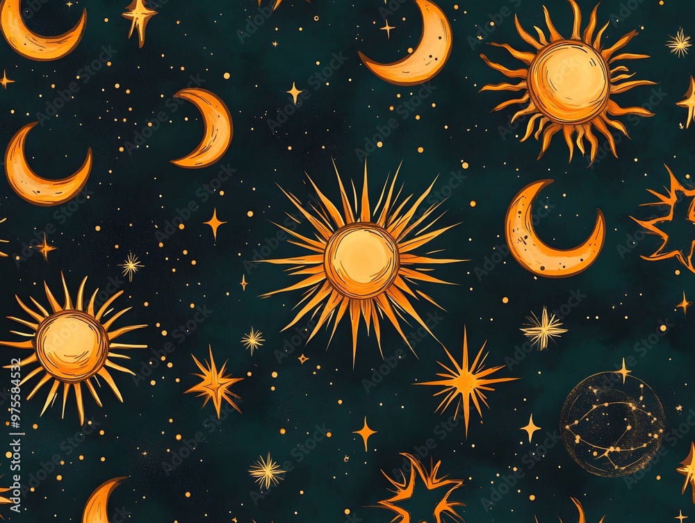 Celestial pattern with suns moons and stars on a dark background Celestial pattern with suns moons and stars on a dark background