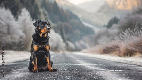 A Rottweiler Sitting on a Quiet Road Surrounded by Frosty Trees and Mountains. Winter Beauty Captured in Nature.