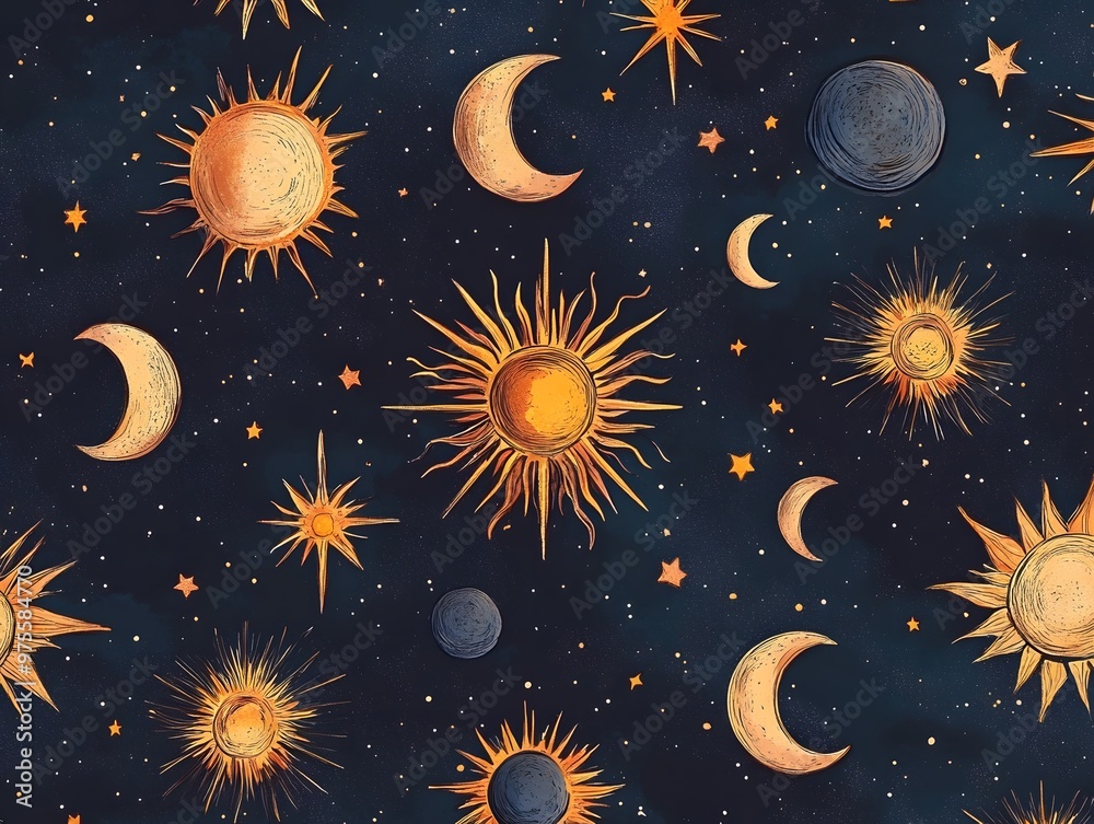 Celestial pattern with suns moons and stars on a dark background Celestial pattern with suns moons and stars on a dark background