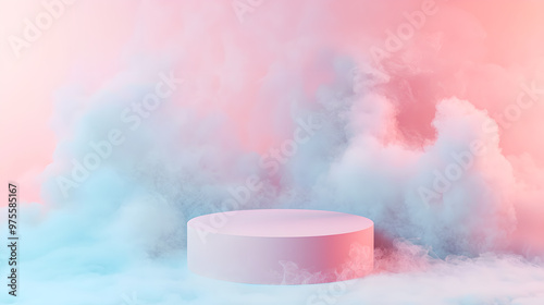 podium display pedestal cosmetic beauty product promotion in blue sky pink gold pastel cloud