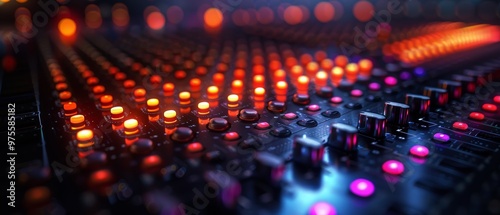 Close-up of a soundboard with glowing lights, a professional audio mixing console. photo