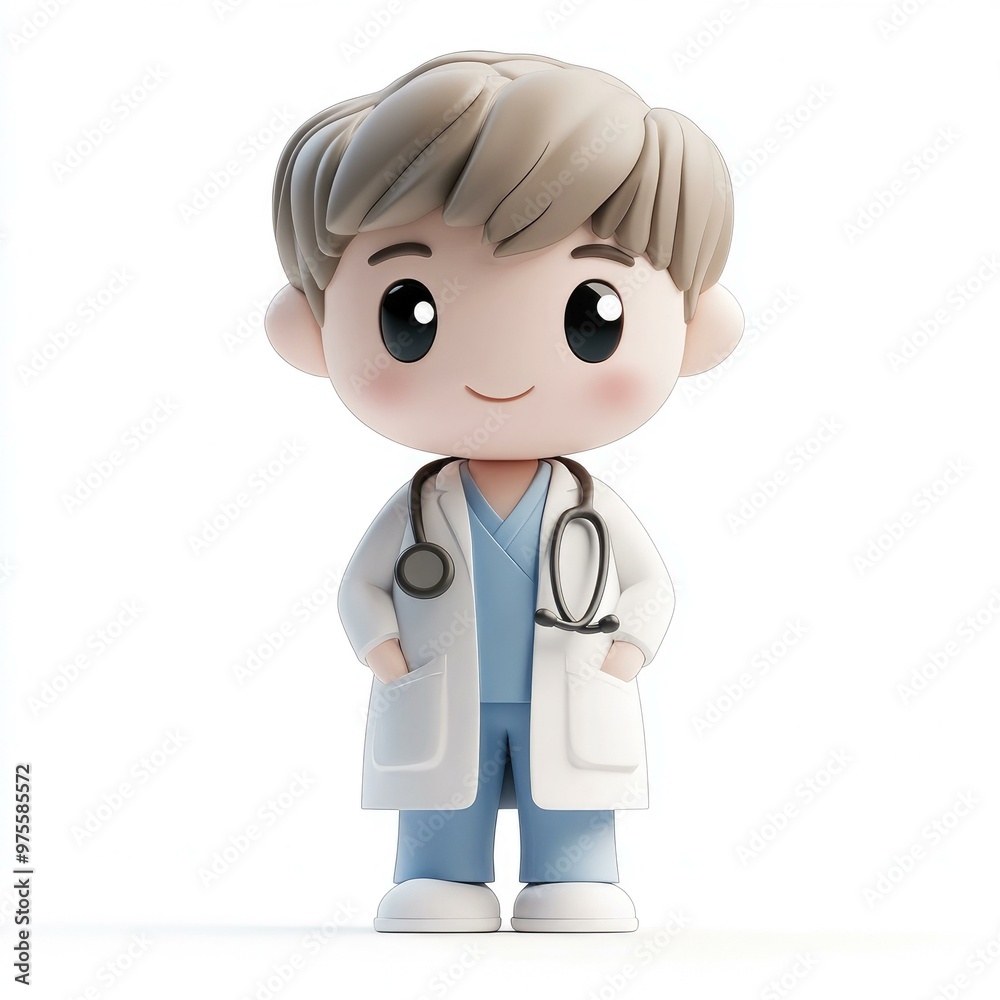 A cute 3D mascot doctor wearing a jacket and stethoscope, thoughtfully posing against a clean white background, perfect for healthcare promotions and medical-themed illustrations. A cute 3D mascot doctor wearing a jacket and stethoscope, thoughtfully posing against a clean white background, perfect for healthcare promotions and medical-themed illustrations.