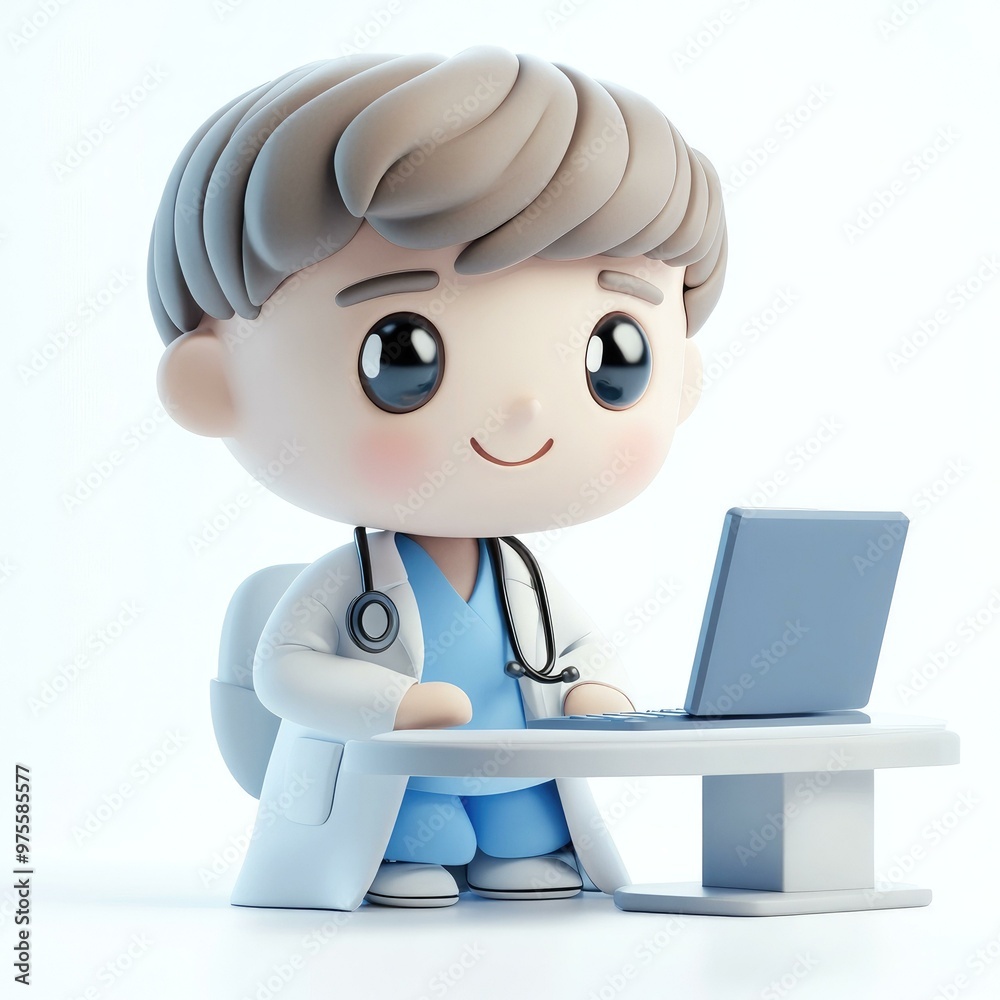 A charming 3D mascot doctor, dressed in a jacket with a stethoscope, diligently working on a computer while sitting at a desk against a clean white background. A charming 3D mascot doctor, dressed in a jacket with a stethoscope, diligently working on a computer while sitting at a desk against a clean white background.