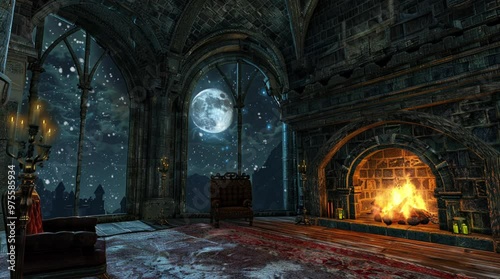 Grand castle room with a crackling fireplace and large window, overlooking a full moonlit night, creating a warm yet mysterious ambi Seamless looping 4k time-lapse virtual video animation Generated AI