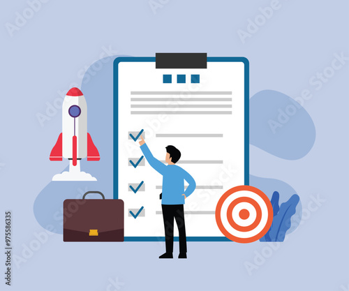 Successful completion of business tasks. Complete task accomplishment, project done checklist. Successful achievement. Business target 2d flat vector illustrations