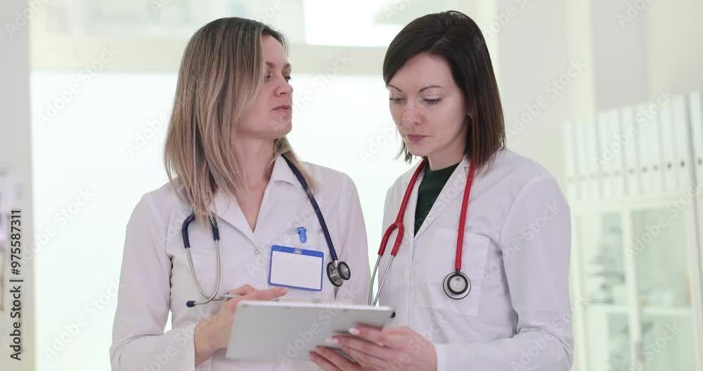 Couple of female doctors discusses problems of patient chart on digital tablet. Blonde and brunette women stand in hospital hallway Couple of female doctors discusses problems of patient chart on digital tablet. Blonde and brunette women stand in hospital hallway