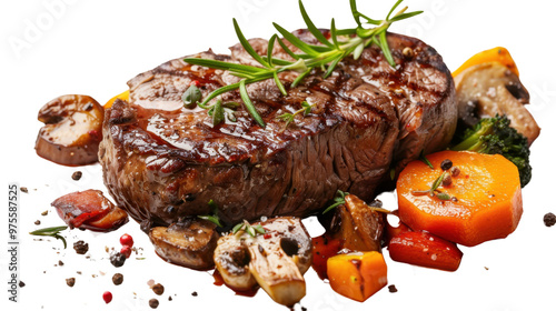 Roasted beef steak with vegetables on transparent background