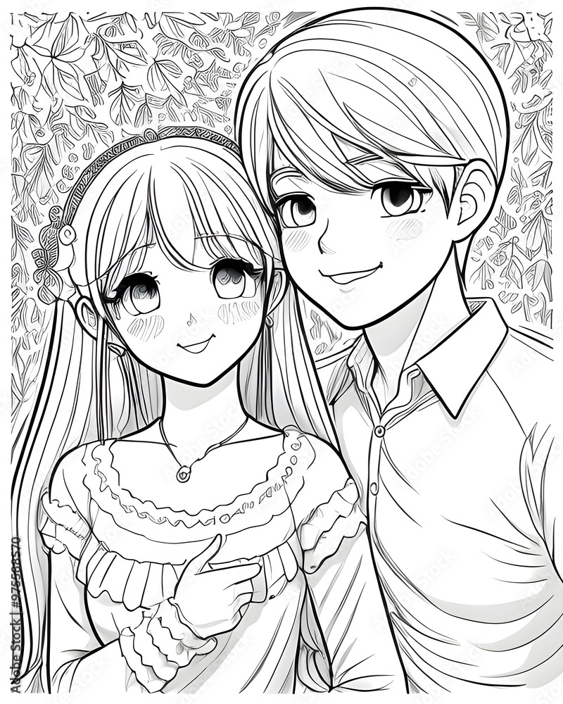 Young couple in love, black and white vector illustration for coloring book Young couple in love, black and white vector illustration for coloring book