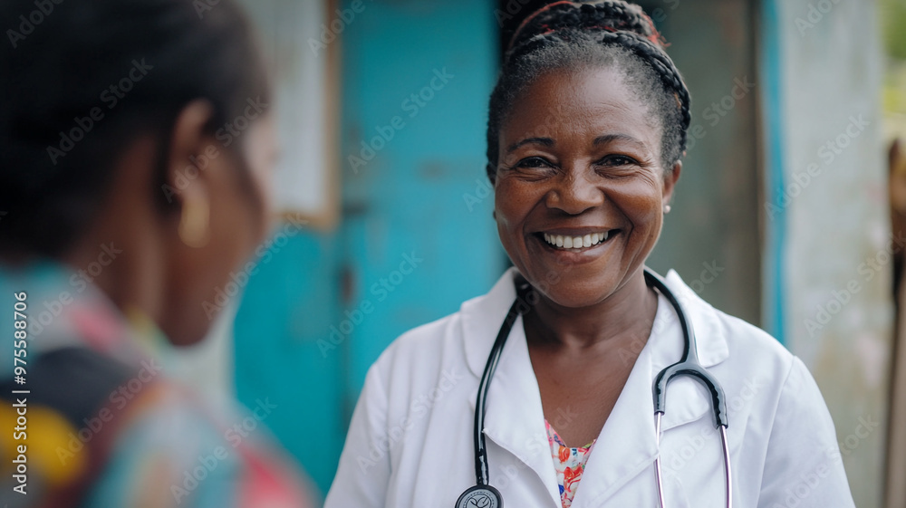 Health worker smiling warmly while engaging with a community member outdoors