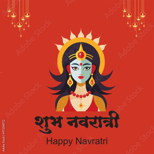 Happy Navratri festival celebration poster or banner design, illustration of Goddess Durga Maa, woman dancing with dandiya stick and drummer