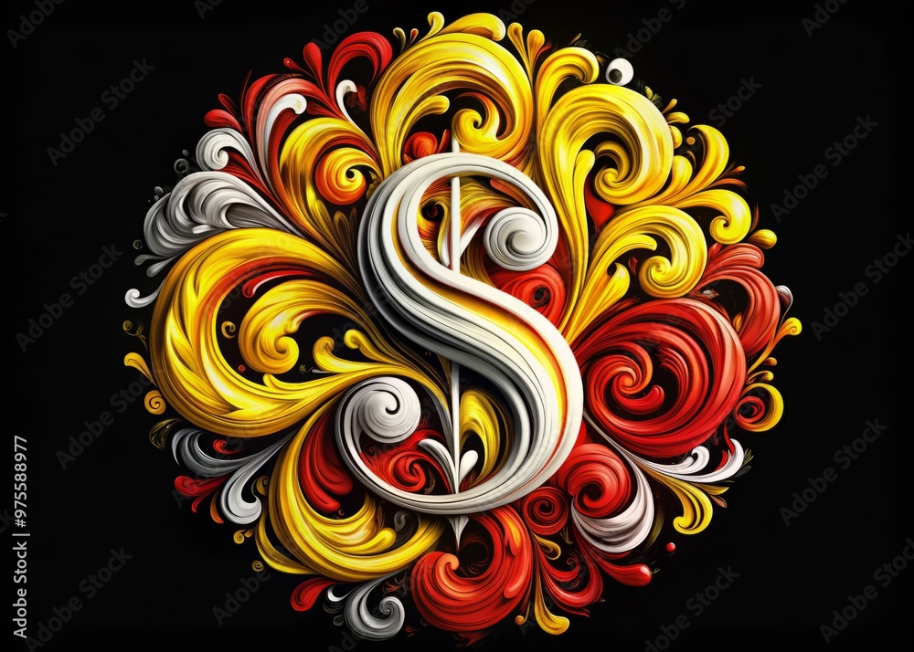 Brightly colored swirls of yellow, white, and red surround a stylized dollar sign painted on a bold black background, evoking the iconic symbols of consumerism. Brightly colored swirls of yellow, white, and red surround a stylized dollar sign painted on a bold black background, evoking the iconic symbols of consumerism.