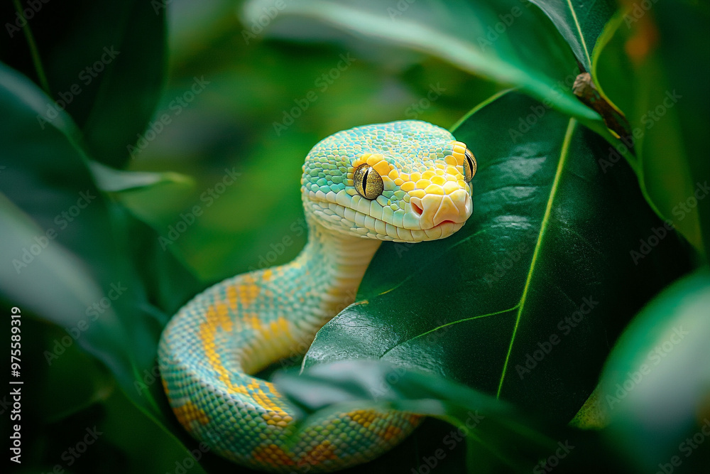 Fototapeta premium 緑の葉に隠れるかわいいヘビ Generative AI