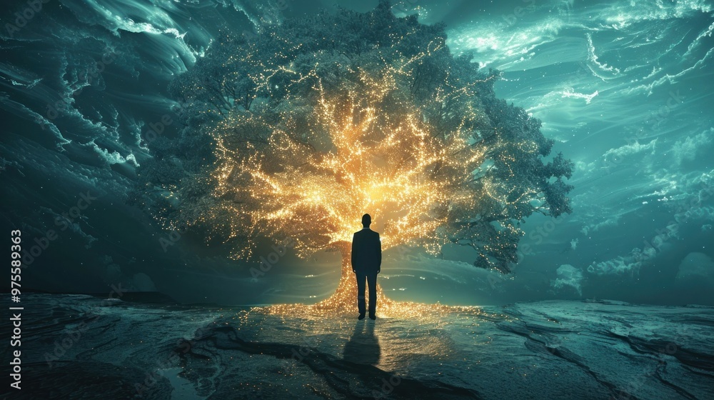 Obraz premium Silhouetted figure of a person standing amidst the glowing branches of a tree in a moody atmospheric forest setting during a dramatic sunset or dawn The image conveys a sense of mystery wonder