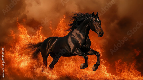 horse running in fire on background