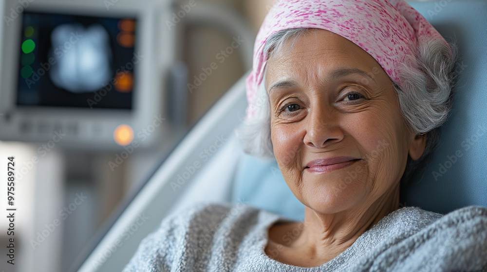 A touching moment of an elderly patient hearing she is cancer-free after an LDCT scan, her face reflecting a deep emotional response, a smile breaking through her tears as she proc A touching moment of an elderly patient hearing she is cancer-free after an LDCT scan, her face reflecting a deep emotional response, a smile breaking through her tears as she proc