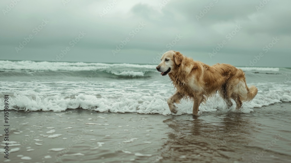 Golden retriever enjoys running on the beach near the waves on a cloudy day. Playful moments in nature enhance joy and happiness.