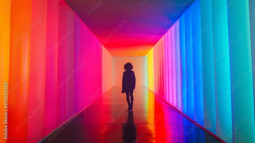 A person walking through a colorful hallway filled with vibrant light and shadow. A captivating journey through a bright space. A person walking through a colorful hallway filled with vibrant light and shadow. A captivating journey through a bright space.