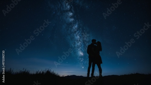 Silhouette of a couple embracing under a starry night sky