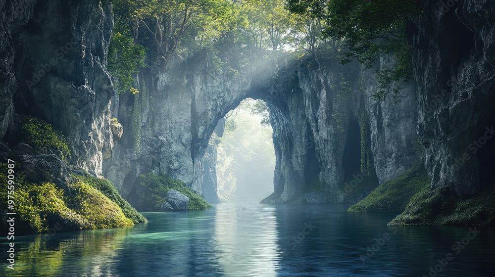 A serene river surrounded by pale stone cliffs, flowing through a natural archway under a soft, diffused light A serene river surrounded by pale stone cliffs, flowing through a natural archway under a soft, diffused light
