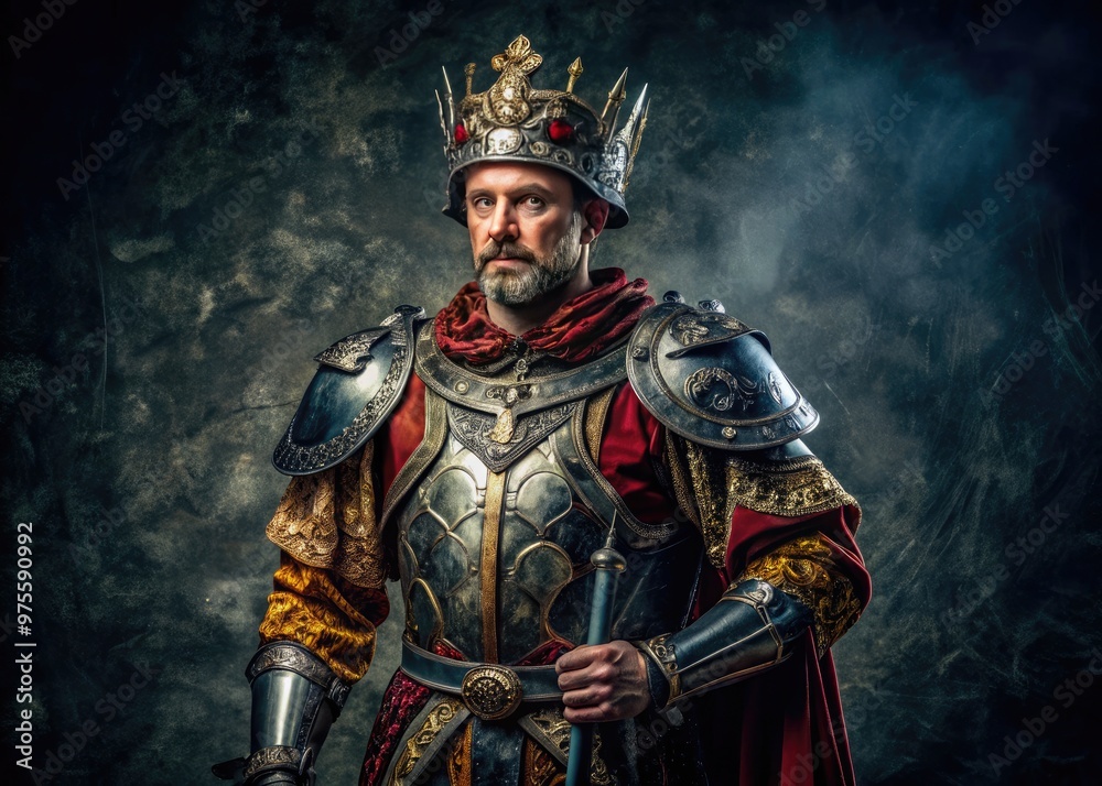 A creatively dressed adult stands confidently against a dark background, wearing a vibrant, ornate, and intricately detailed medieval-inspired knight costume, perfect for a Halloween party.