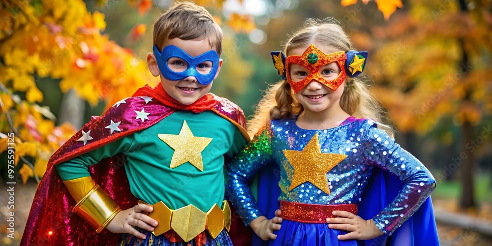 A creatively dressed duo poses in matching handcrafted superhero costumes, adorned with colorful fabrics, glitter, and A creatively dressed duo poses in matching handcrafted superhero costumes, adorned with colorful fabrics, glitter, and