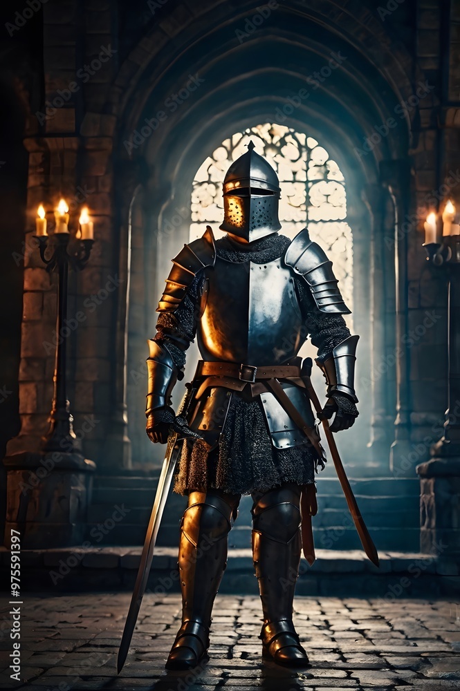 Obraz premium A noble knight with a glowing sword and in shining armor