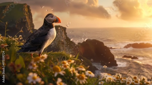 Puffin on a Coastal Cliff during Sunset, with Wildflowers and Waves Below photo