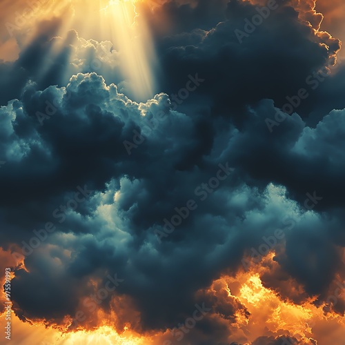 Dramatic sky with dark storm clouds and bursts of sunlight creating a vibrant and captivating atmospheric scene.