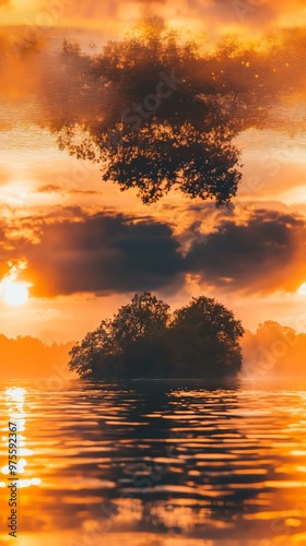 Stunning sunset over a serene lake with silhouetted trees reflecting on the water, creating a tranquil and picturesque scene. photo