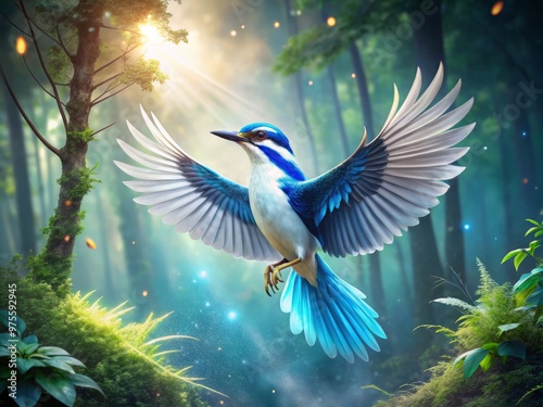 A majestic halcyon bird with shimmering white and blue feathers, its piercing gaze and delicate wings spread wide in mid-flight through a misty forest Glen.