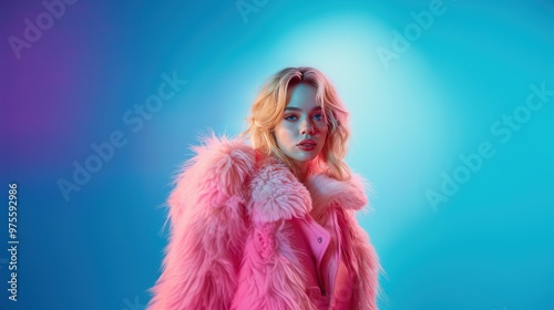 Elegant Fashion Editorial, featuring a stunning woman in a pastel pink luxurious fur coat, striking blond hair, illuminated in a dynamic composition, with ample space for text. photo