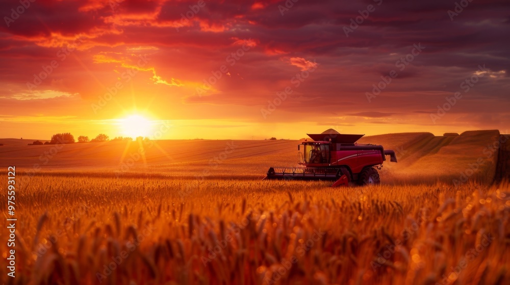 Harvest Time: A Combine Machine Working at Sunset in a Golden Field Harvest Time: A Combine Machine Working at Sunset in a Golden Field