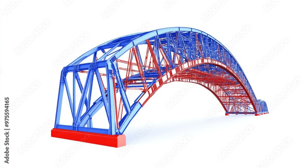 3D model of a blue and red arch bridge. 3D model of a blue and red arch bridge.