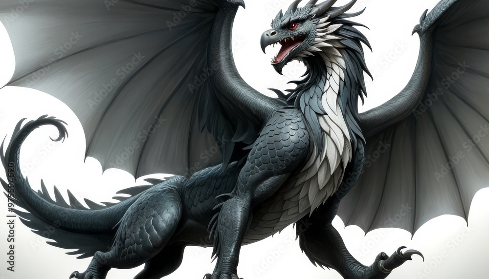 A fierce and majestic black dragon with wings spread wide, displaying ...