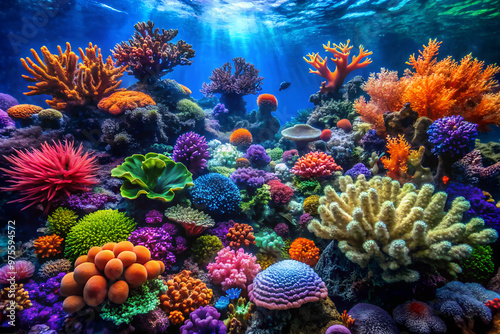 Vibrant underwater coral reef with electric blues, vivid oranges, deep purples, and greens photo