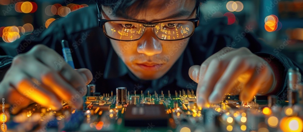 Detailed close up view of an intricate array of computer microchips circuit boards and electronic components against a dark glowing background