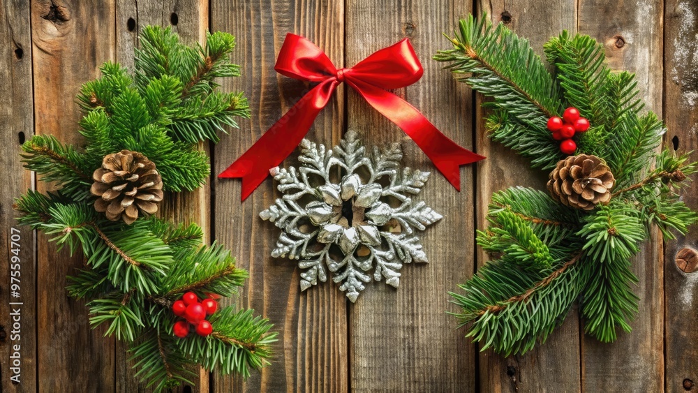 A delicate, snowflake-patterned, silver-toned metal Christmas ring adorns a rustic wooden door, surrounded by evergreen sprigs, pinecones, and crimson ribbons, evoking festive winter wonder. A delicate, snowflake-patterned, silver-toned metal Christmas ring adorns a rustic wooden door, surrounded by evergreen sprigs, pinecones, and crimson ribbons, evoking festive winter wonder.
