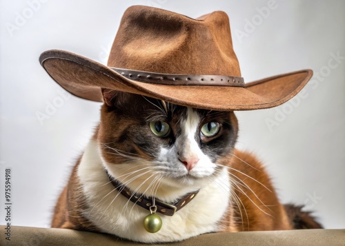 Brown cowboy hat with black trim and adjustable strap sits rakishly atop a sleek black and white cat's head, a whimsical sight. photo