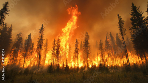 A bright orange blaze lights up the night sky, spreading rapidly through a dense forest.