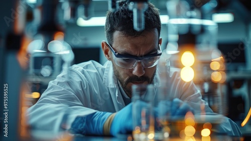 Focused Scientist Examining Liquid Sample in Laboratory with Various Glassware and Equipment Conducting Research or Experiment in Scientific Workspace