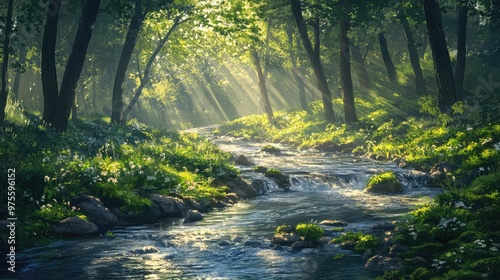 River flows gracefully through a vibrant green forest, bathed in soft morning sunlight, nature in harmony