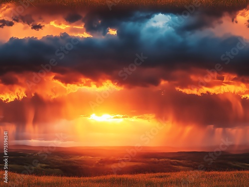 Stunning sunset with vibrant clouds and sunbeams over a serene landscape, creating a dramatic and captivating scene.