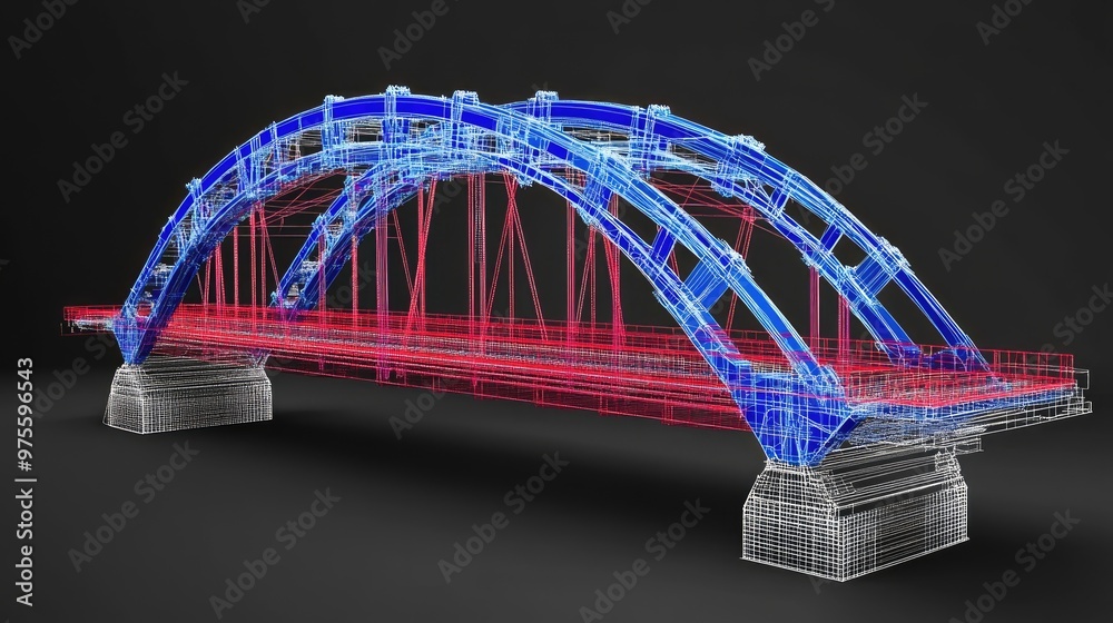 Wireframe model of an arch bridge with red and blue lines on a black background. Wireframe model of an arch bridge with red and blue lines on a black background.