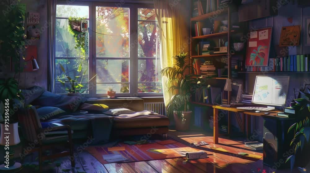 Cozy bedroom illuminated by soft sunlight streaming through the window, creating a warm and inviting atmosphere for relaxation
Seamless looping 4k time-lapse virtual video animation Generated AI Cozy bedroom illuminated by soft sunlight streaming through the window, creating a warm and inviting atmosphere for relaxation
Seamless looping 4k time-lapse virtual video animation Generated AI