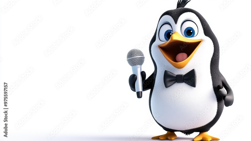 Fototapeta premium Cute Penguin Cartoon Character Holding Microphone Singing