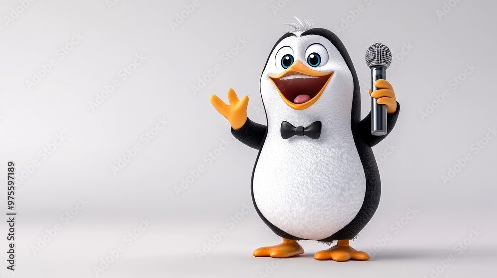 Obraz premium Funny Penguin Holding Microphone Cartoon Character