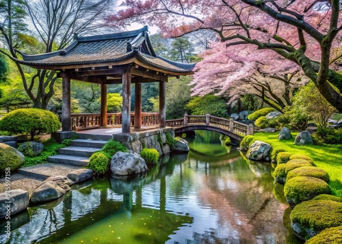 Ancient Japanese-style arbor, cherry blossom trees, water features, tranquil pathways, moss-covered rocks, serene atmosphere, and traditional buildings in Kyoto Botanical Gardens setting.