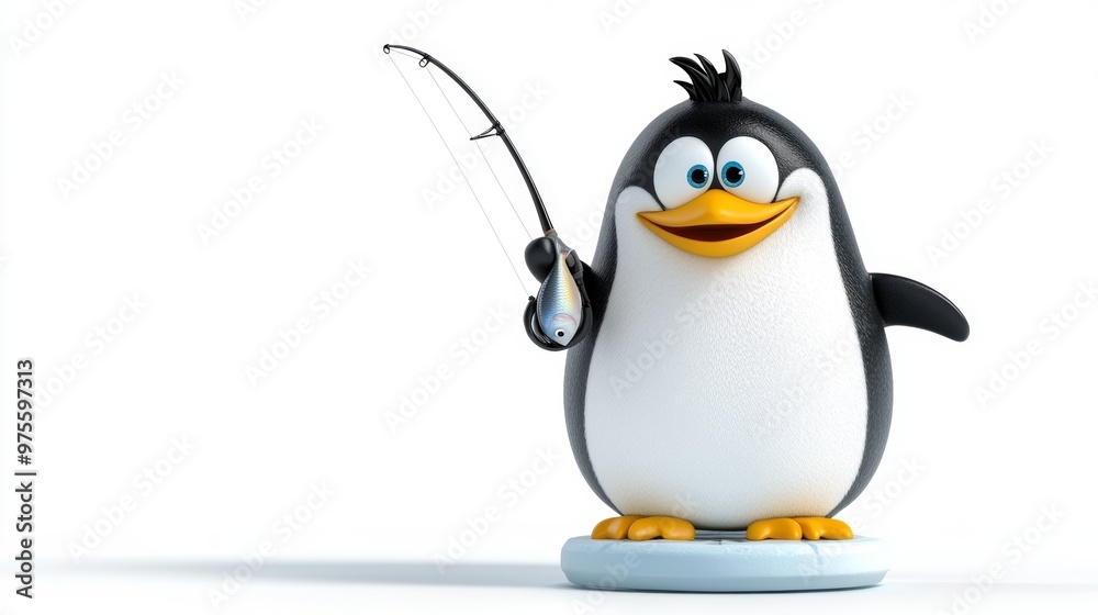 Fototapeta premium Funny Cartoon Penguin Holding a Fish with a Fishing Rod